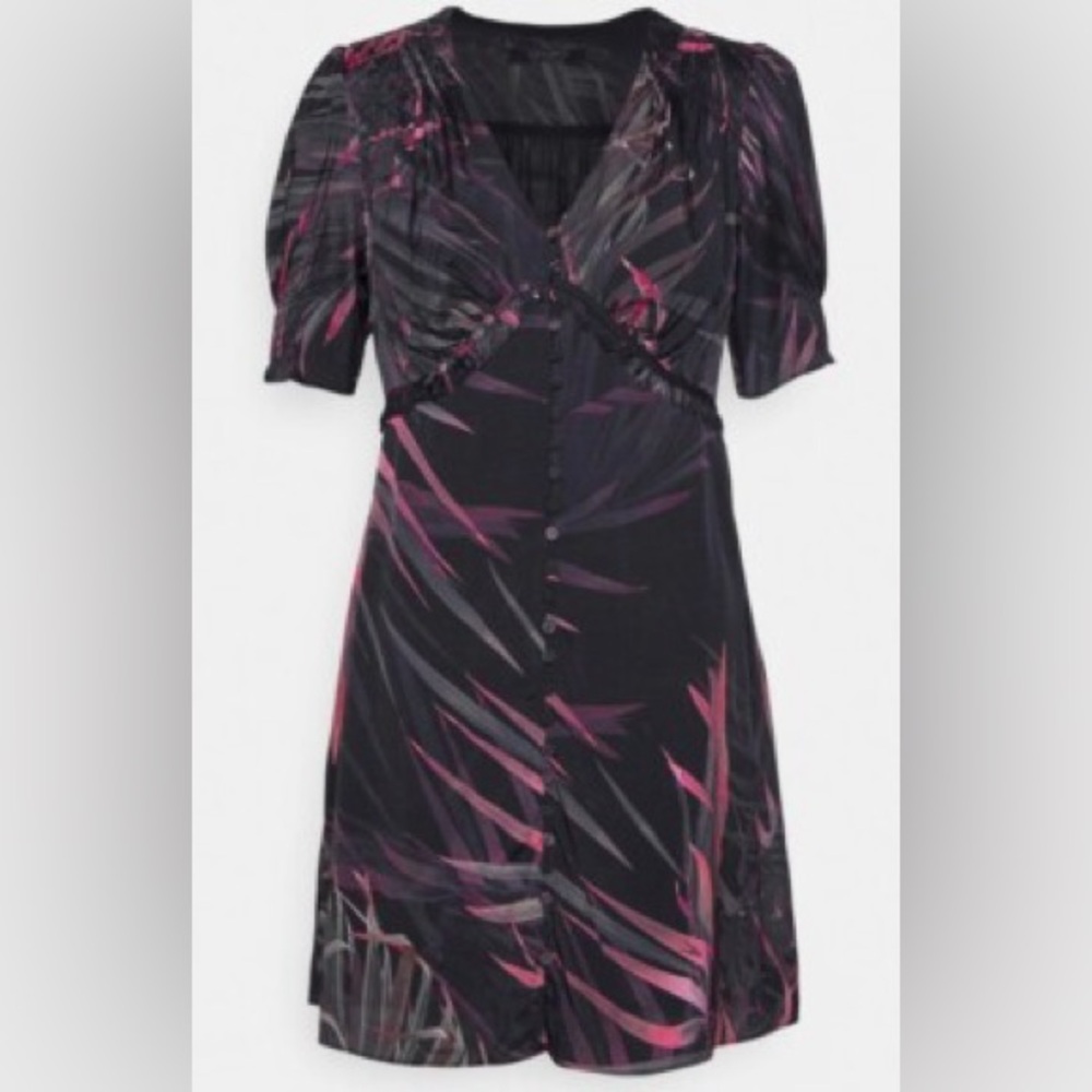 All Saints Demi Luar V-Neck Short Sleeve Mini Dress Black Pink Floral Print Sz 8